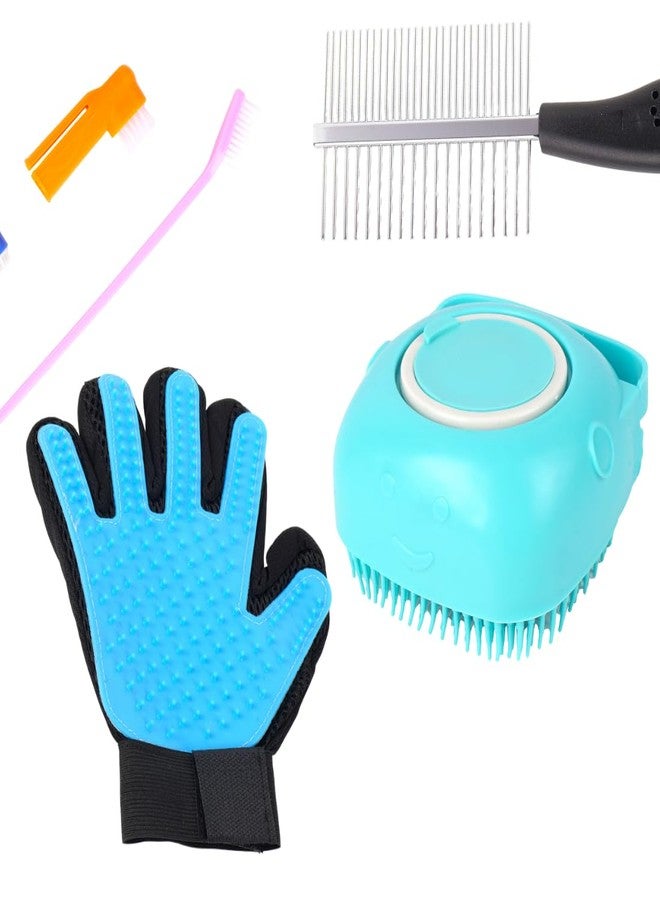 مجموعة قفازات وفرشاة للعناية بالحيوانات الأليفة، سيليكون أزرق، أداة احترافية لإزالة شعر الكلاب مع فرشاة مزدوجة الجوانب، قفازات تدليك لإزالة الشعر المتساقط (عبوة من 4 قطع) - Image 1